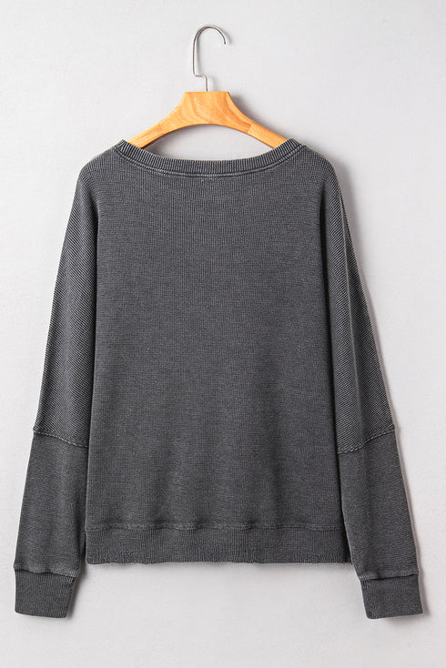 Waffle Knit Drop Shoulder Wide Crewneck Banded Hem Loose Fit Top